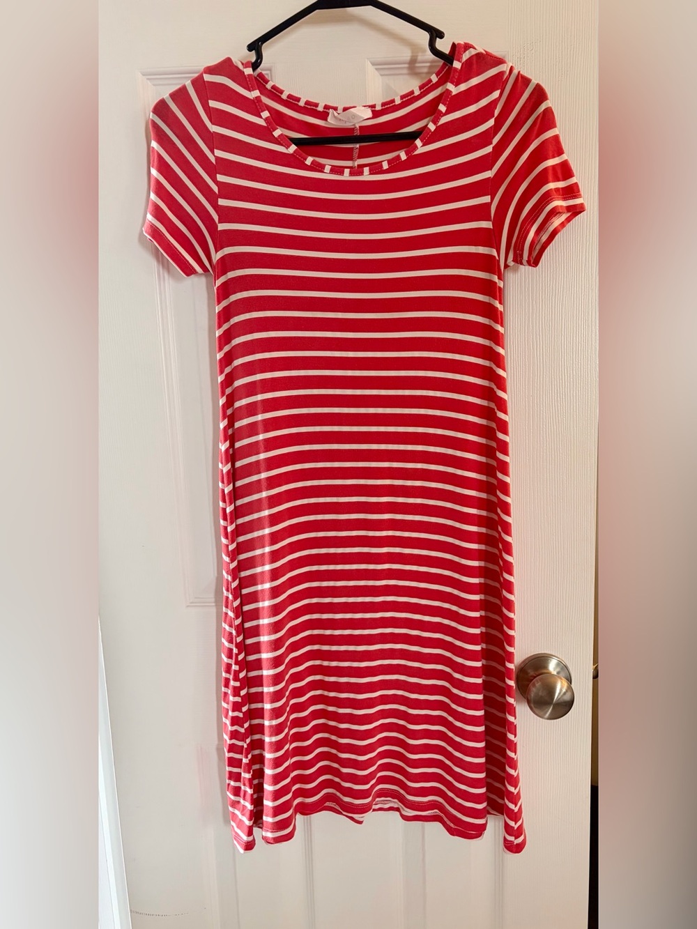 Red and White Striped Short Sleeve Shift Dress